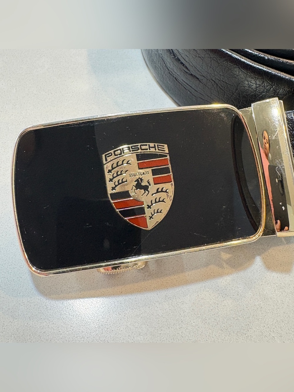 PORSCHE Black Faux Leather Men's Belt with Gold-Tone Buckle 43 inches Lenght